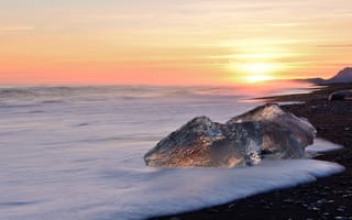 Картинка Исландия, вечер, лед, пляж, море, солнце