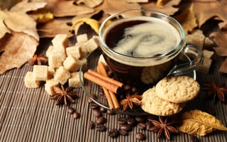 Картинка autumn, leaves, кофе, печенье, hot, шарф, листья, coffee, cup, осень, чашка, корица