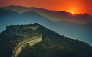 Картинка Китай, стена, hdr, горы, солнце, небо, закат