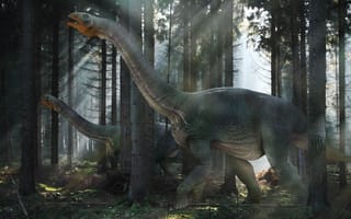 Картинка nemegtosaurs, свет, лучи, динозавры, лес