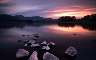 Картинка закат, озеро, камни