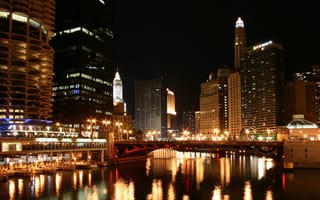 Картинка Chicago, naght, Чикаго, мост, река, ночь, высотки, city, дома