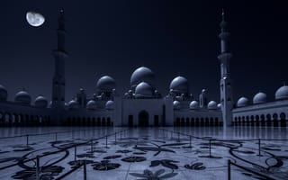 Картинка Мечеть, арки, Шейха Зайда, луна, Абу-Даби, ночь, abu dhabi