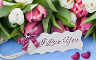 Обои I love you, hearts, любовь, тюльпаны, букет, flowers, tulips, сердечки, romantic