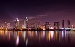 Картинка ночь, огни, San Diego, город, небоскребы, California