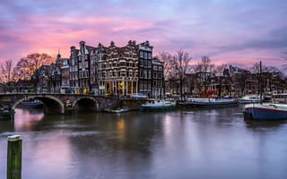 Картинка Нидерланды, Brouwersgracht, вечер, дома, Амстердам, Декабрь, канал, зима, огни