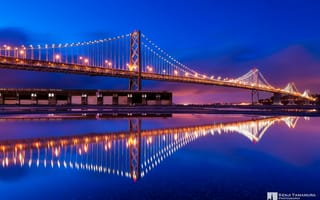 Картинка Kenji Yamamura, отражение, Сан-Франциско, photographer, мост, огни, ночь