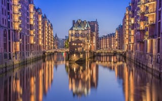 Картинка Гамбург, мост, Германия, канал, дома, огни