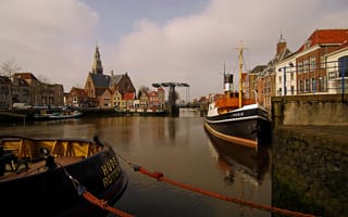 Картинка Масслёйс, небо, дома, река, Нидерланды, корабль, канал