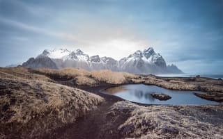 Картинка Исландия, горы, пруд, остров, море, снег