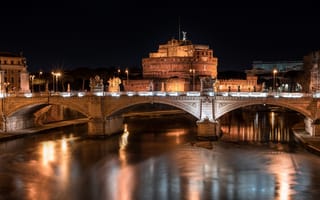 Картинка Рим, замок Святого Ангела, Италия, река, огни, мост, ночь, Тибр