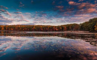 Картинка Нью Йорк, облака, осень, Harriman State Park, вода, отражения, небо, деревья