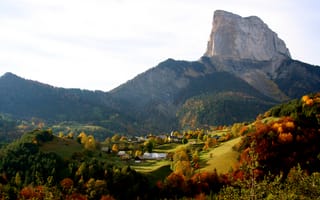 Картинка Франция, Сен-Мишель-ле-Порт, поля, осень, скалы, Saint Michel les Portes, домики, леса, Альпы, горы