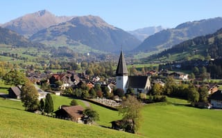 Картинка Швейцария, Fribourg, трава, пейзаж, горы, дома, город