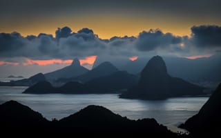 Картинка Бразилия, Нитерой, сумерки, залив, облака, Рио-де-Жанейро, горы