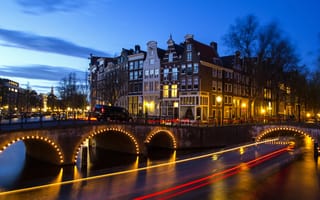 Картинка Нидерланды, мост, канал, небо, Амстердам, огни, Йордан
