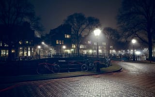 Картинка Нидерланды, мост, канал, велосипед, деревья, фонарный столб, тропа, дома, Амстердам