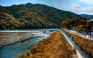Картинка Япония, Kyoto, горы, река, город, набережная
