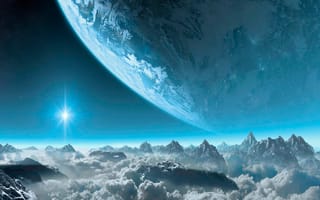 Картинка Titanfall, пейзаж, планета, сооружение, звезда, горы, облака