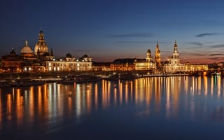 Картинка Дрезден, ночь, огни, Германия, река, Эльба, дома