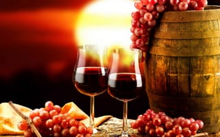 Обои виноград, бокалы, вино, красный, бочонок