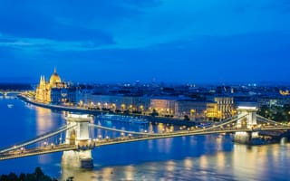 Картинка Будапешт, Дунай, река, парламент, огни, ночь, мост, Венгрия
