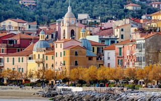 Картинка Сан-Теренцо, море, Италия, берег, Лигурия, деревья, дома, камни