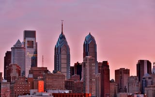 Картинка утро, Филадельфия, небоскрёбы, USA, свечение, Philadelphia, город, Pennsylvania, рассвет
