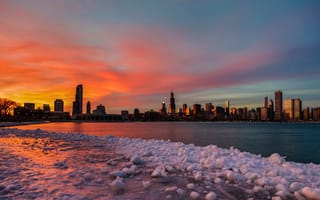 Картинка illinois, Чикаго, мегаполис, Chicago, закат, USA, небоскребы, вечер, небо