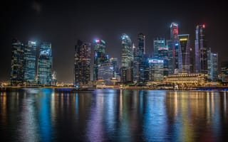 Картинка Сингапур, подсветка, огни, город, здания, ночь, небоскребы