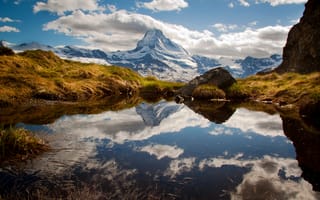 Картинка Швейцария, горы, небо, ледник, облака, вода, отражение, камни, озеро