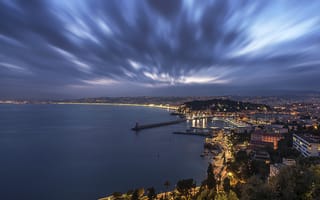 Картинка Франция, панорама, море, побережье, маяк, ночь, огни, Nice