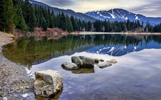 Картинка Канада, камни, озеро, лес, отражение, горы, Lake Whistler, берег, вода