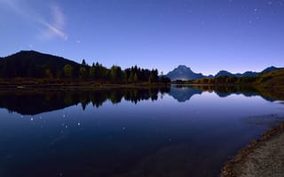 Картинка озеро, горы, силуэт, звезды, зеркало, берег озера, небо, свет, отражение