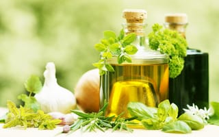 Картинка оливковое масло, зелень, чеснок, garlic, fresh herbs, olive oil