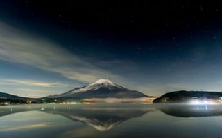 Картинка Япония, небо, гора, ночь звезды, вулкан, Fuji