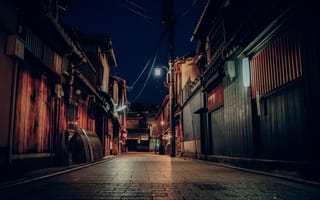 Картинка Япония, фонарный столб, улица, магазины, Киото, ночью