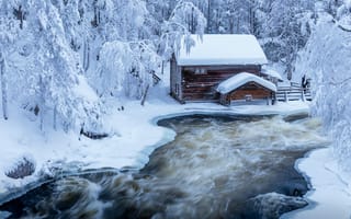 Картинка зима, дома, природа, снег, поток, река