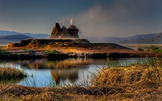 Картинка Невада, искусственный, Флай, гейзер, горы, брызги, США, fly geyser, небо