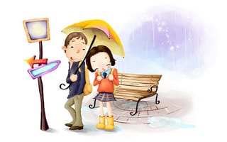 Картинка рисунок, дождик, парень, скамейка, девушка, улыбка, зонт, указатель, остановка, смущение