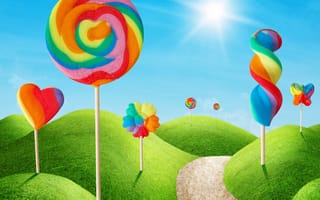 Картинка sweet, candy, colorful, lollypop, небо, солнце, трава, леденцы