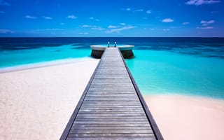 Картинка океан, песок, берег, Мальдивы, курорт, пирс