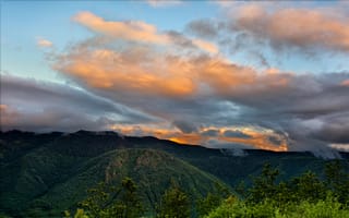 Картинка США, облака, горы, Mount St. Helens, лес, Washington, закат