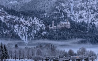 Картинка Германия, Бавария, туман, деревья, горы, замок Нойшванштайн, зима, снег