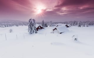 Картинка зима, небо, дома, снег