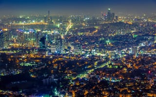Обои Южная Корея, панорама, Сеул, ночь, небоскрёбы, вид, огни