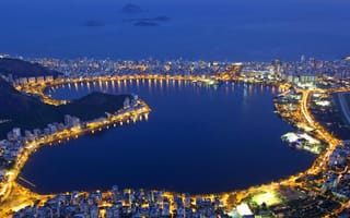 Картинка Рио-де-Жанейро, Бразилия, лагуна, огни, Родриго де Фрейтас, ночь