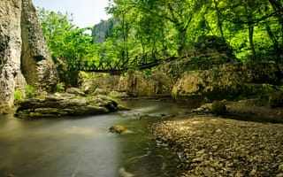 Картинка Veliko Tarnovo, речка, Болгария, Велико-Тырново, камни, деревья, Bulgaria, мост, горы, скалы, лес