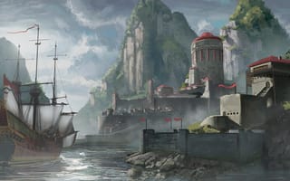 Картинка порт, замок, горы, скалы, корабль, парус
