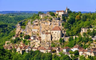Картинка Франция, деревья, Dordogne, панорама, дома, скалы